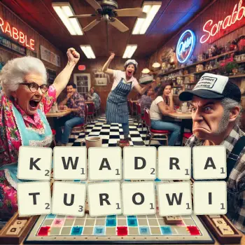 Kreatywna ilustracja do gry w Scrabble ze słowem KWADRATUROWI ułożonym z płytek na planszy.