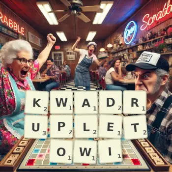 Kreatywna ilustracja do gry w Scrabble ze słowem KWADRUPLETOWI ułożonym z płytek na planszy.