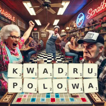 Kreatywna ilustracja do gry w Scrabble ze słowem KWADRUPOLOWA ułożonym z płytek na planszy.