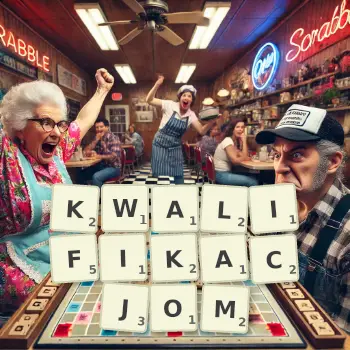 Kreatywna ilustracja do gry w Scrabble ze słowem KWALIFIKACJOM ułożonym z płytek na planszy.