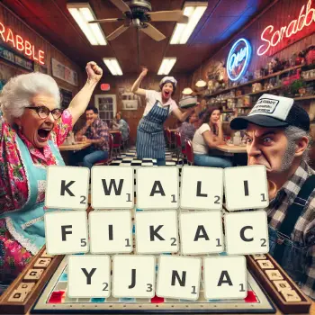 Kreatywna ilustracja do gry w Scrabble ze słowem KWALIFIKACYJNA ułożonym z płytek na planszy.