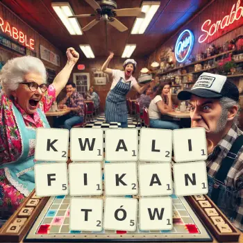 Kreatywna ilustracja do gry w Scrabble ze słowem KWALIFIKANTÓW ułożonym z płytek na planszy.