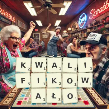 Kreatywna ilustracja do gry w Scrabble ze słowem KWALIFIKOWAŁO ułożonym z płytek na planszy.