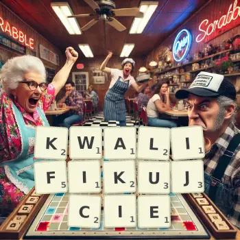 Kreatywna ilustracja do gry w Scrabble ze słowem KWALIFIKUJCIE ułożonym z płytek na planszy.