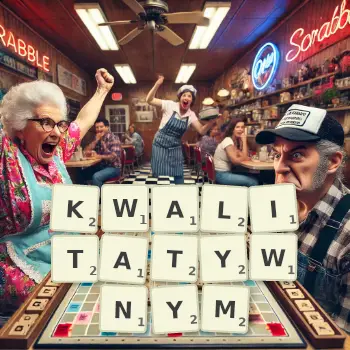 Kreatywna ilustracja do gry w Scrabble ze słowem KWALITATYWNYM ułożonym z płytek na planszy.