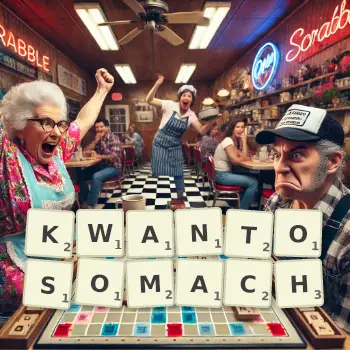Kreatywna ilustracja do gry w Scrabble ze słowem KWANTOSOMACH ułożonym z płytek na planszy.