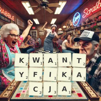 Kreatywna ilustracja do gry w Scrabble ze słowem KWANTYFIKACJA ułożonym z płytek na planszy.