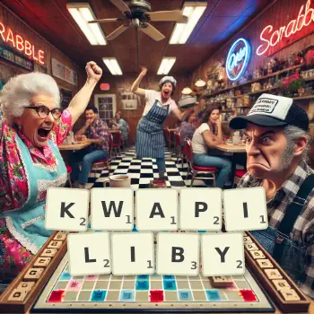 Kreatywna ilustracja do gry w Scrabble ze słowem KWAPILIBY ułożonym z płytek na planszy.