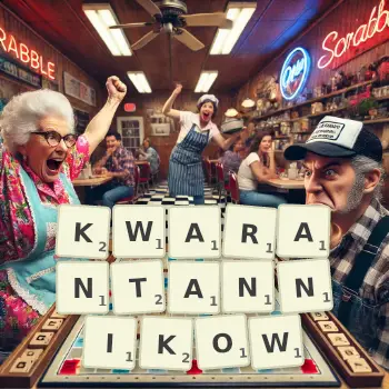 Kreatywna ilustracja do gry w Scrabble ze słowem KWARANTANNIKOW ułożonym z płytek na planszy.