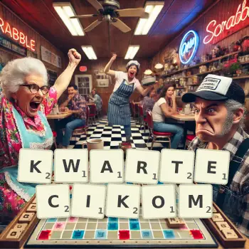 Kreatywna ilustracja do gry w Scrabble ze słowem KWARTECIKOM ułożonym z płytek na planszy.