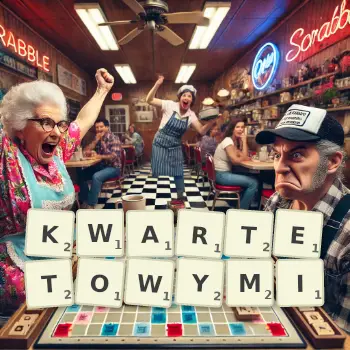 Kreatywna ilustracja do gry w Scrabble ze słowem KWARTETOWYMI ułożonym z płytek na planszy.
