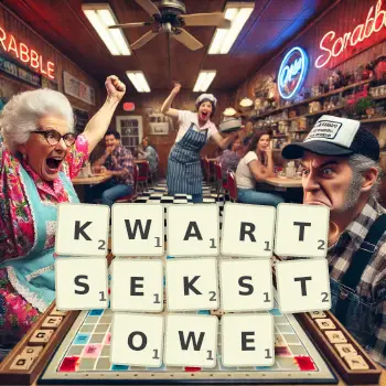 Kreatywna ilustracja do gry w Scrabble ze słowem KWARTSEKSTOWE ułożonym z płytek na planszy.