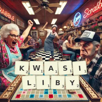 Kreatywna ilustracja do gry w Scrabble ze słowem KWASILIBY ułożonym z płytek na planszy.