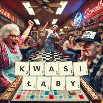 Kreatywna ilustracja do gry w Scrabble ze słowem KWASIŁABY ułożonym z płytek na planszy.