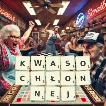Kreatywna ilustracja do gry w Scrabble ze słowem KWASOCHŁONNEJ ułożonym z płytek na planszy.