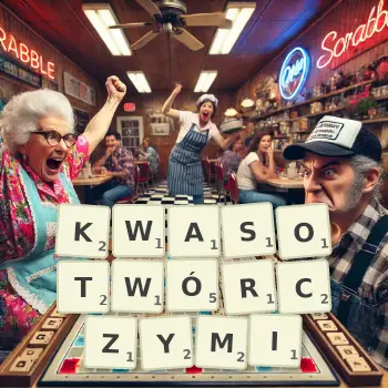 Kreatywna ilustracja do gry w Scrabble ze słowem KWASOTWÓRCZYMI ułożonym z płytek na planszy.