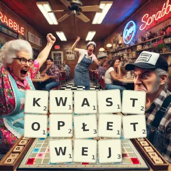 Kreatywna ilustracja do gry w Scrabble ze słowem KWASTOPŁETWEJ ułożonym z płytek na planszy.