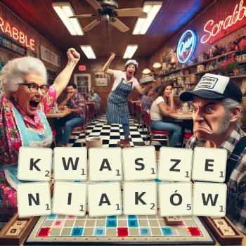 Kreatywna ilustracja do gry w Scrabble ze słowem KWASZENIAKÓW ułożonym z płytek na planszy.