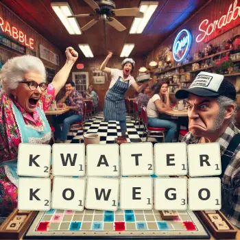 Kreatywna ilustracja do gry w Scrabble ze słowem KWATERKOWEGO ułożonym z płytek na planszy.