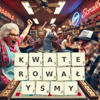Kreatywna ilustracja do gry w Scrabble ze słowem KWATEROWAŁYŚMY ułożonym z płytek na planszy.