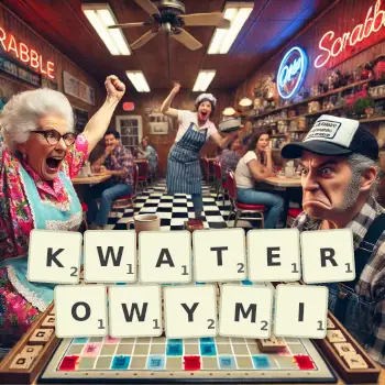 Kreatywna ilustracja do gry w Scrabble ze słowem KWATEROWYMI ułożonym z płytek na planszy.