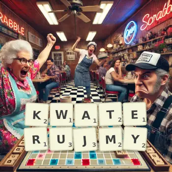 Kreatywna ilustracja do gry w Scrabble ze słowem KWATERUJMY ułożonym z płytek na planszy.
