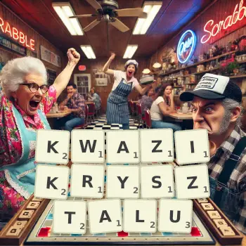 Kreatywna ilustracja do gry w Scrabble ze słowem KWAZIKRYSZTALU ułożonym z płytek na planszy.