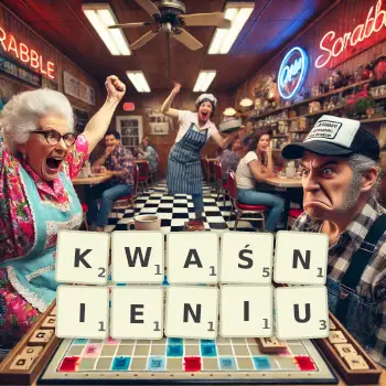 Kreatywna ilustracja do gry w Scrabble ze słowem KWAŚNIENIU ułożonym z płytek na planszy.