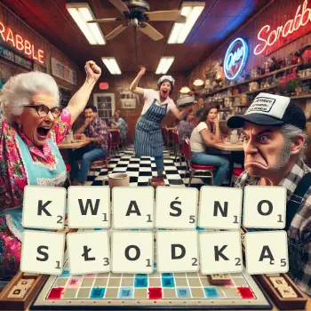 Kreatywna ilustracja do gry w Scrabble ze słowem KWAŚNOSŁODKĄ ułożonym z płytek na planszy.