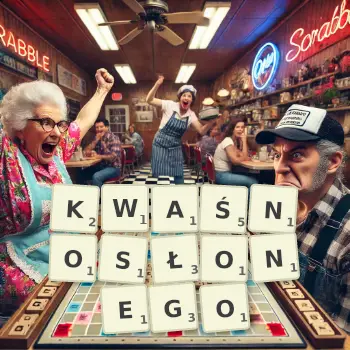 Kreatywna ilustracja do gry w Scrabble ze słowem KWAŚNOSŁONEGO ułożonym z płytek na planszy.