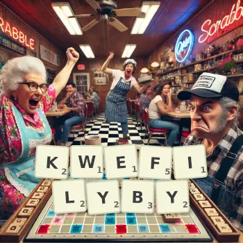 Kreatywna ilustracja do gry w Scrabble ze słowem KWEFILYBY ułożonym z płytek na planszy.