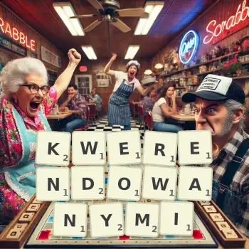 Kreatywna ilustracja do gry w Scrabble ze słowem KWERENDOWANYMI ułożonym z płytek na planszy.