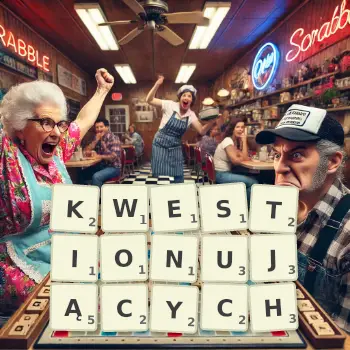 Kreatywna ilustracja do gry w Scrabble ze słowem KWESTIONUJĄCYCH ułożonym z płytek na planszy.