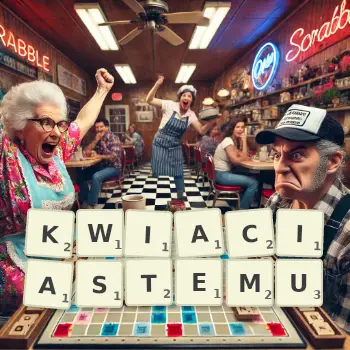 Kreatywna ilustracja do gry w Scrabble ze słowem KWIACIASTEMU ułożonym z płytek na planszy.