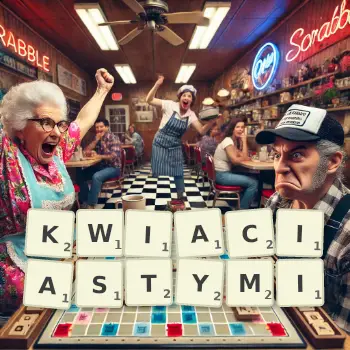 Kreatywna ilustracja do gry w Scrabble ze słowem KWIACIASTYMI ułożonym z płytek na planszy.