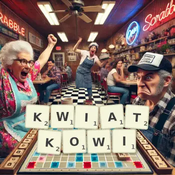 Kreatywna ilustracja do gry w Scrabble ze słowem KWIATKOWI ułożonym z płytek na planszy.