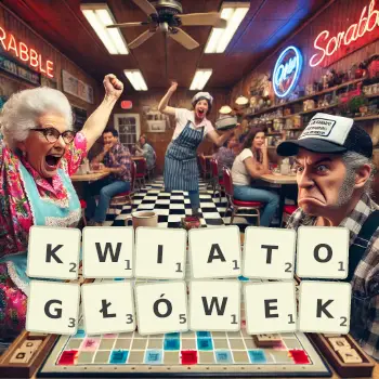 Kreatywna ilustracja do gry w Scrabble ze słowem KWIATOGŁÓWEK ułożonym z płytek na planszy.