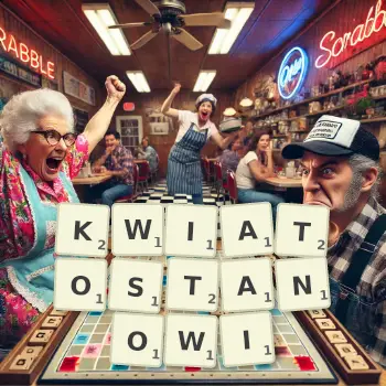 Kreatywna ilustracja do gry w Scrabble ze słowem KWIATOSTANOWI ułożonym z płytek na planszy.