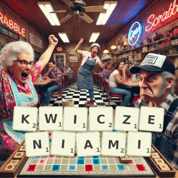 Kreatywna ilustracja do gry w Scrabble ze słowem KWICZENIAMI ułożonym z płytek na planszy.