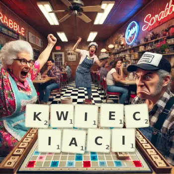 Kreatywna ilustracja do gry w Scrabble ze słowem KWIECIACI ułożonym z płytek na planszy.