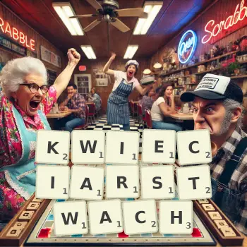 Kreatywna ilustracja do gry w Scrabble ze słowem KWIECIARSTWACH ułożonym z płytek na planszy.