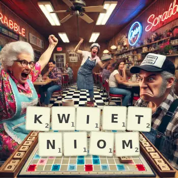 Kreatywna ilustracja do gry w Scrabble ze słowem KWIETNIOM ułożonym z płytek na planszy.