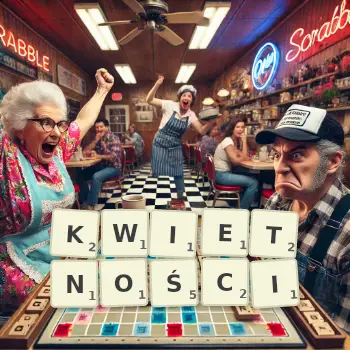 Kreatywna ilustracja do gry w Scrabble ze słowem KWIETNOŚCI ułożonym z płytek na planszy.