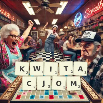 Kreatywna ilustracja do gry w Scrabble ze słowem KWITACJOM ułożonym z płytek na planszy.