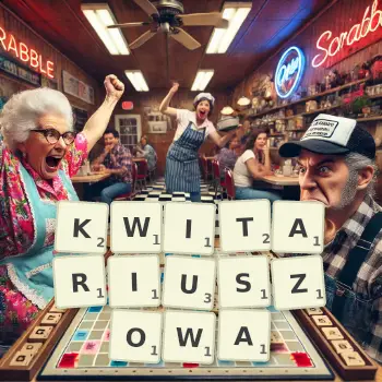 Kreatywna ilustracja do gry w Scrabble ze słowem KWITARIUSZOWA ułożonym z płytek na planszy.