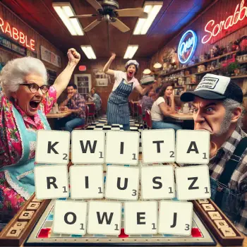 Kreatywna ilustracja do gry w Scrabble ze słowem KWITARIUSZOWEJ ułożonym z płytek na planszy.