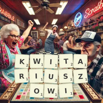 Kreatywna ilustracja do gry w Scrabble ze słowem KWITARIUSZOWI ułożonym z płytek na planszy.