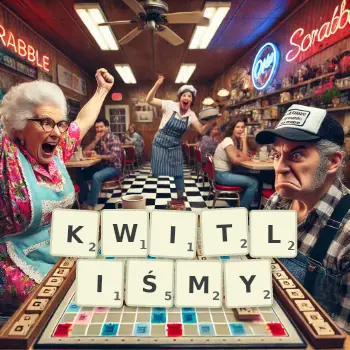 Kreatywna ilustracja do gry w Scrabble ze słowem KWITLIŚMY ułożonym z płytek na planszy.