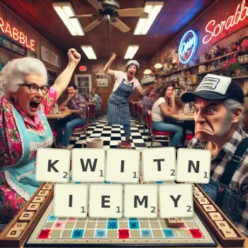 Kreatywna ilustracja do gry w Scrabble ze słowem KWITNIEMY ułożonym z płytek na planszy.