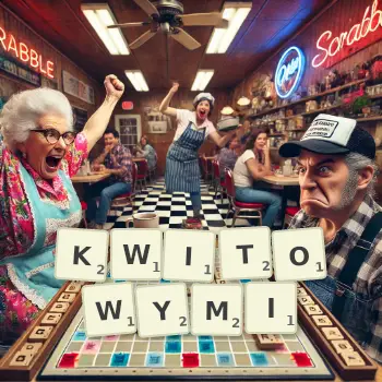 Kreatywna ilustracja do gry w Scrabble ze słowem KWITOWYMI ułożonym z płytek na planszy.